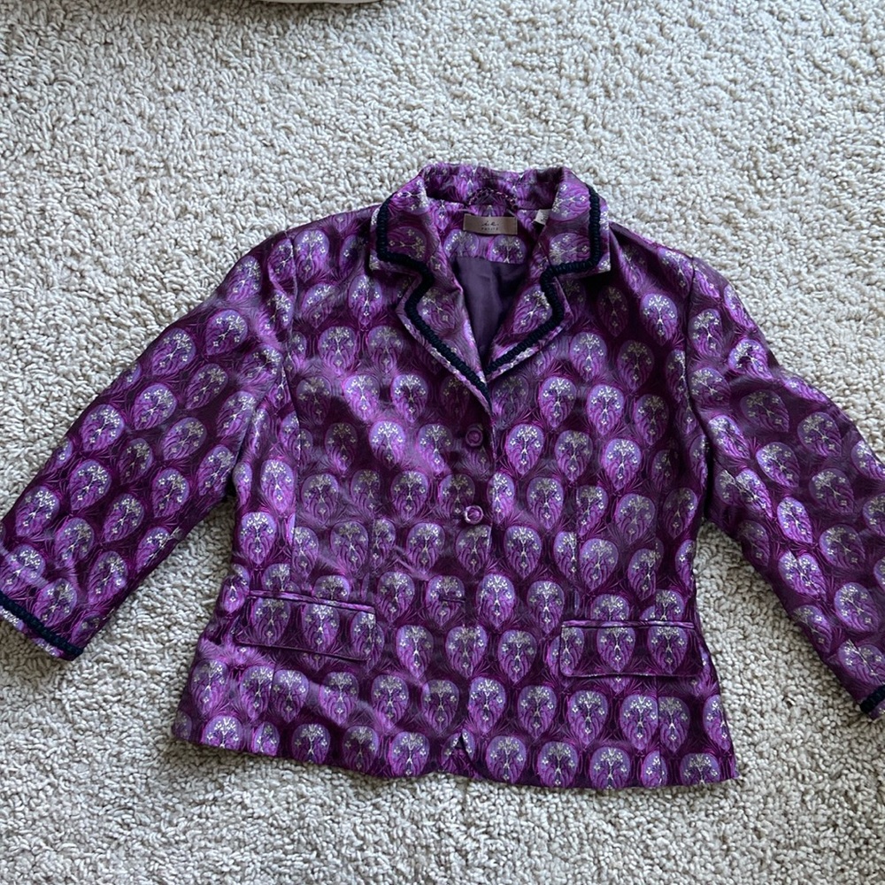 i.e. Petite Womens jacket purple design size 14P Black trim, Missing 1 button.